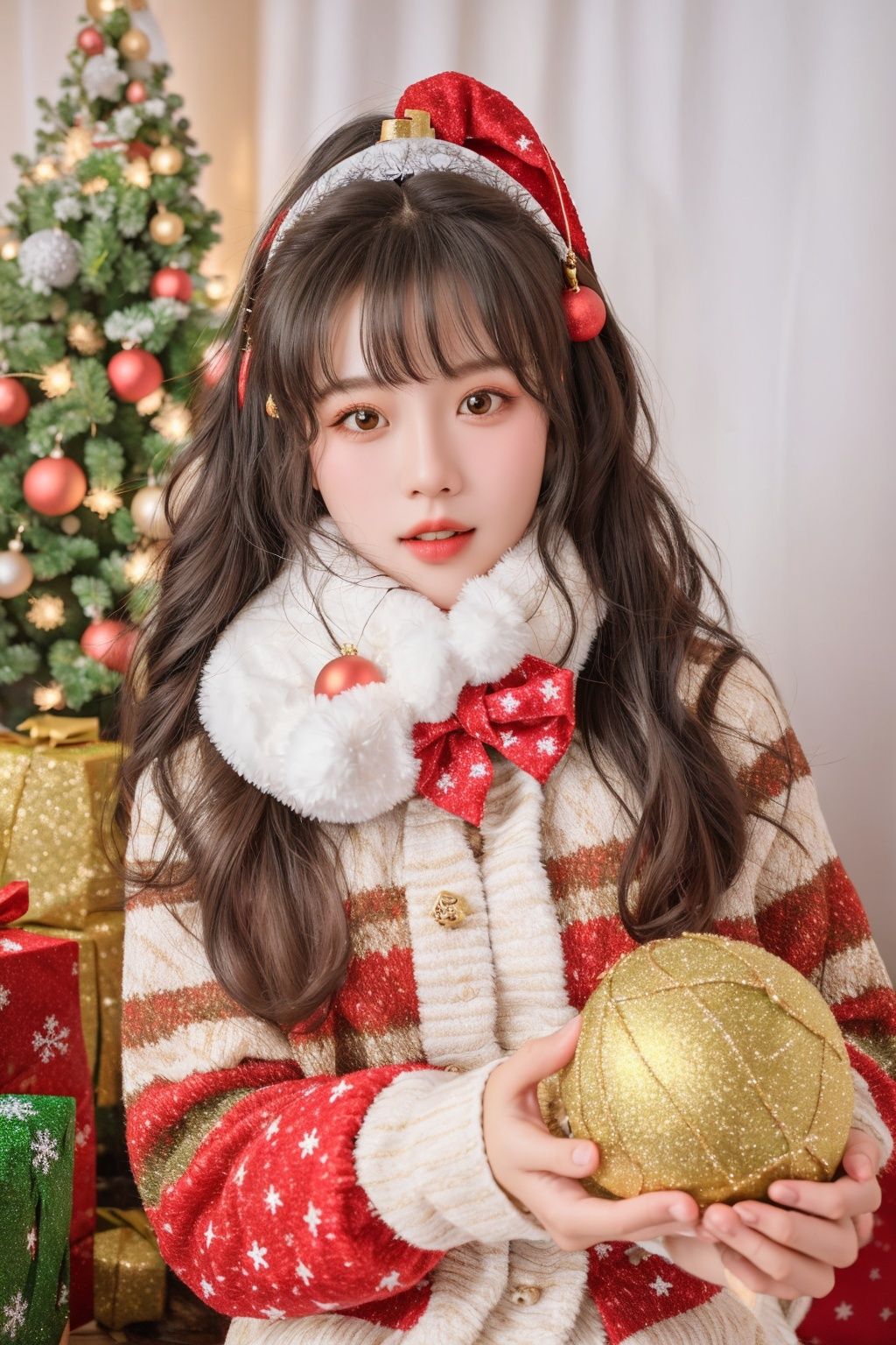 1girl, solo, photo, Snow, outside, Pine, box, christmas tree, merry christmas, holding gift, christmas lights, looking at viewer, bell, ornament, hair ornament, heart-shaped box, UHD, textured skin, high details, 16k