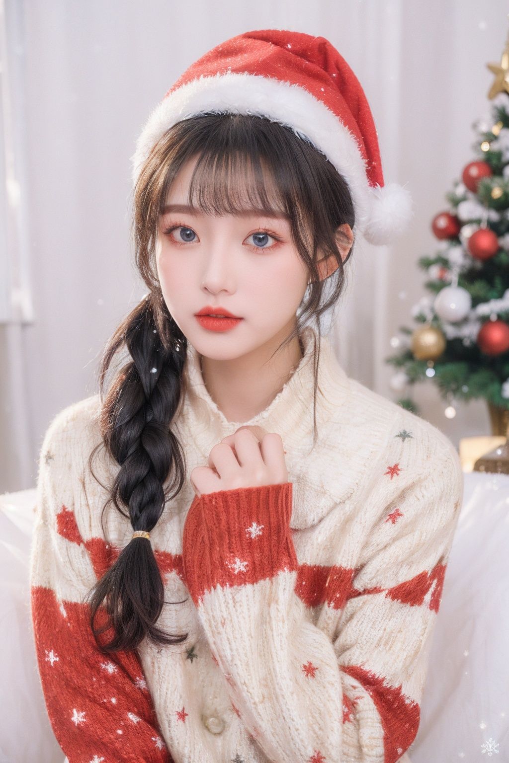  ((Best quality)), ((masterpiece)), 20 year old girl, (red and white striped sweater：1.5), (Christmas hat), Christmas tree, smooth skin, gift box ((side ponytail fried dough twisted braid), ((pale black hair)), bright curious blue eyes, (glitter), edge light, snowflake effect, light particles, contour light, snow