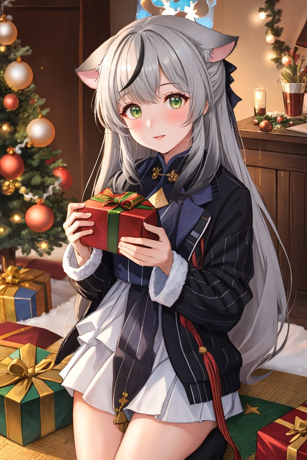  1girl, solo, photo, Snow, outside, Pine, box, christmas tree, merry christmas, holding gift, christmas lights, looking at viewer, bell, ornament, hair ornament, heart-shaped box, UHD, textured skin, high details, 16k, green eyes, qiqi (genshin impact), 1boy, Keqingdef, KOKONA