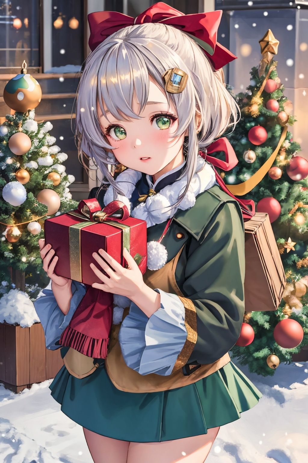  1girl, solo, photo, Snow, outside, Pine, box, christmas tree, merry christmas, holding gift, christmas lights, looking at viewer, bell, ornament, hair ornament, heart-shaped box, UHD, textured skin, high details, 16k, green eyes, qiqi (genshin impact)