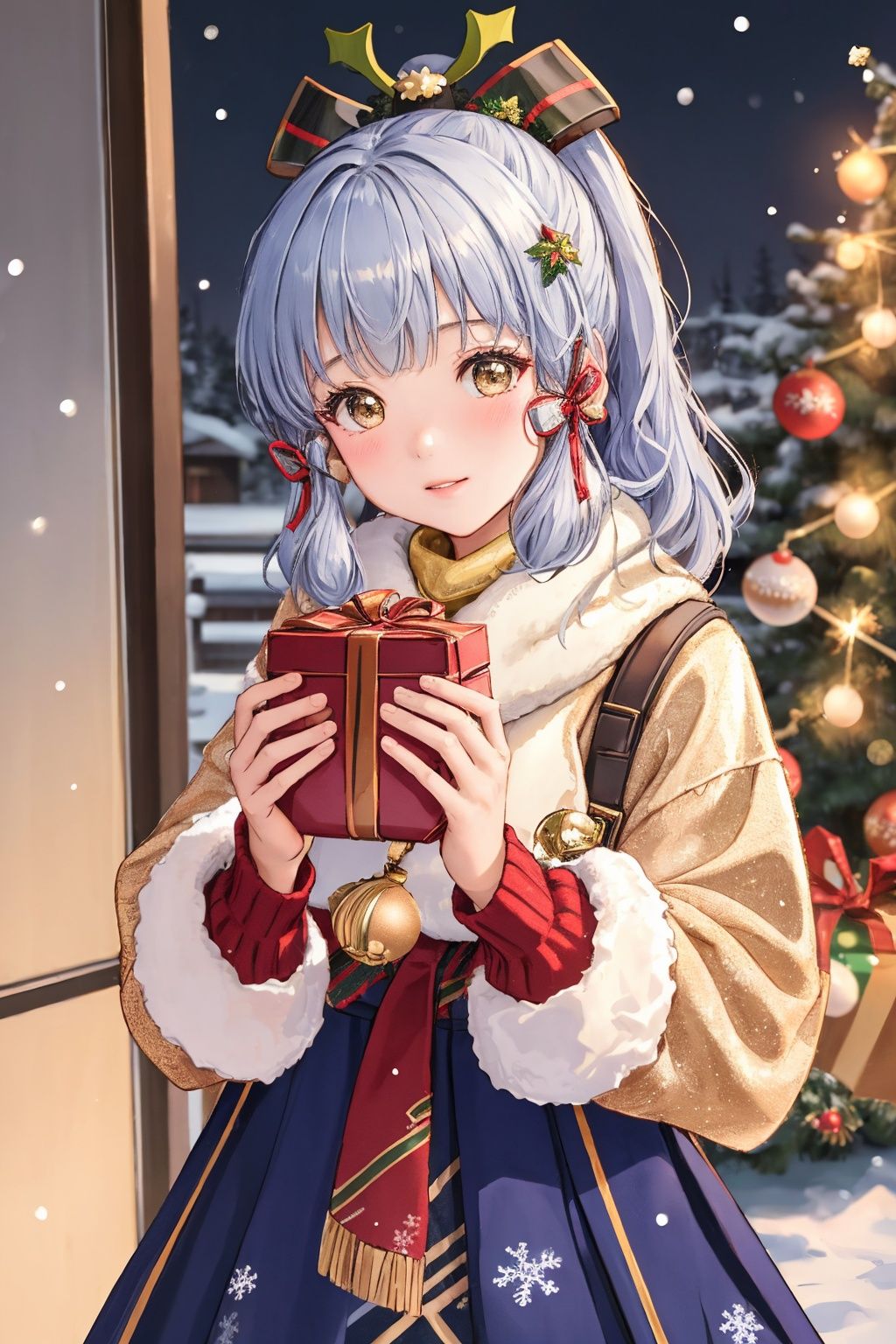  1girl, solo, photo, Snow, outside, Pine, box, christmas tree, merry christmas, holding gift, christmas lights, looking at viewer, bell, ornament, hair ornament, heart-shaped box, UHD, textured skin, high details, 16k, kamisato ayaka