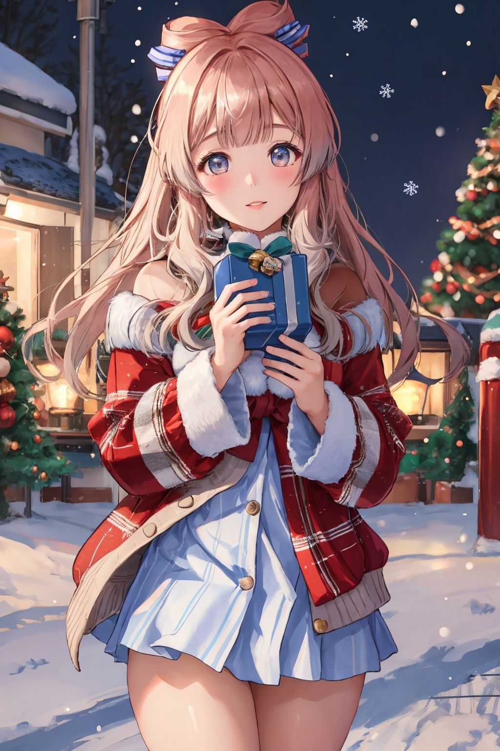  1girl, solo, photo, Snow, outside, Pine, box, christmas tree, merry christmas, holding gift, christmas lights, looking at viewer, bell, ornament, hair ornament, heart-shaped box, UHD, textured skin, high details, 16k, kamisato ayaka