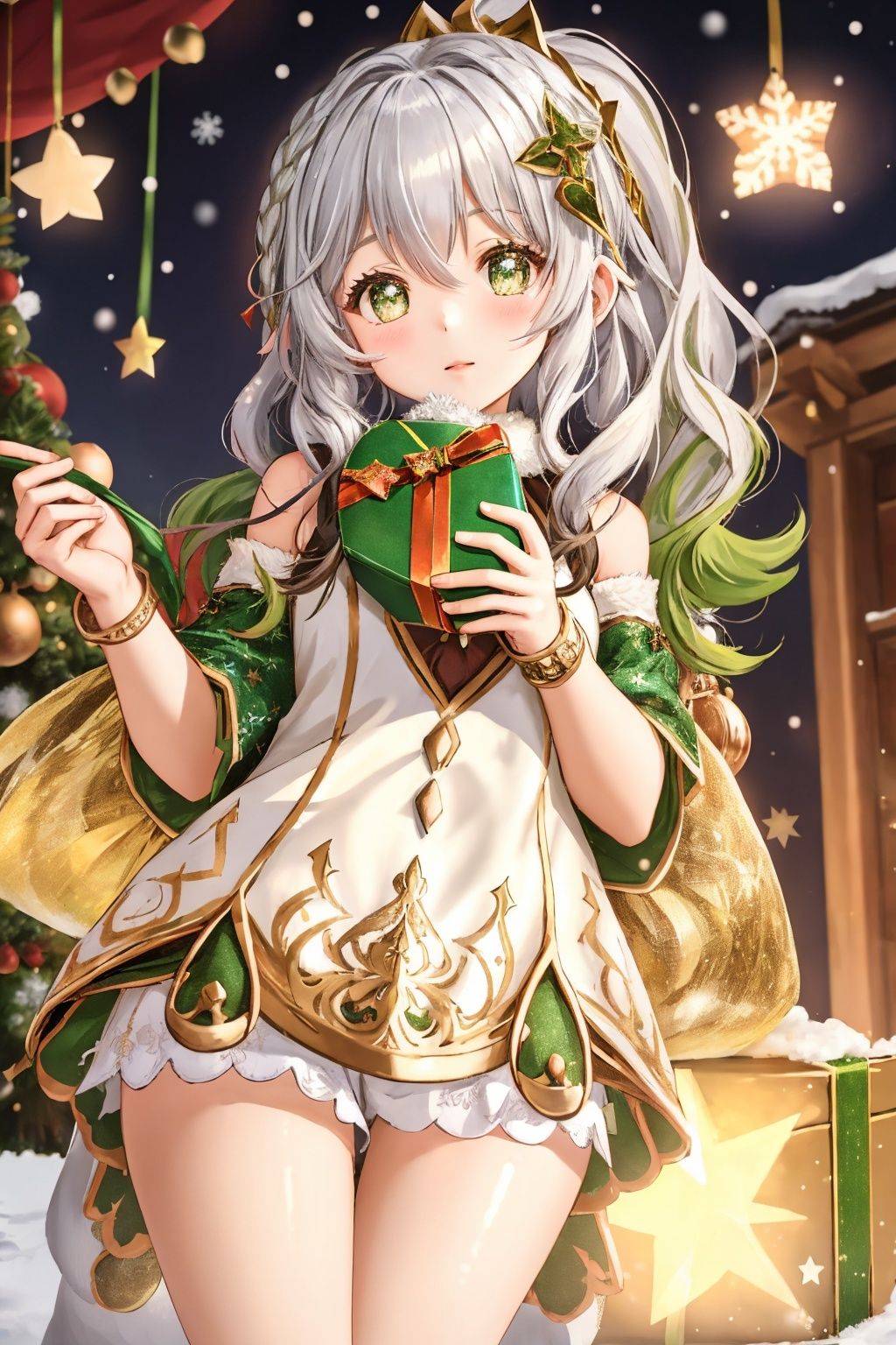  1girl, solo, photo, Snow, outside, Pine, box, christmas tree, merry christmas, holding gift, christmas lights, looking at viewer, bell, ornament, hair ornament, heart-shaped box, UHD, textured skin, high details, 16k
