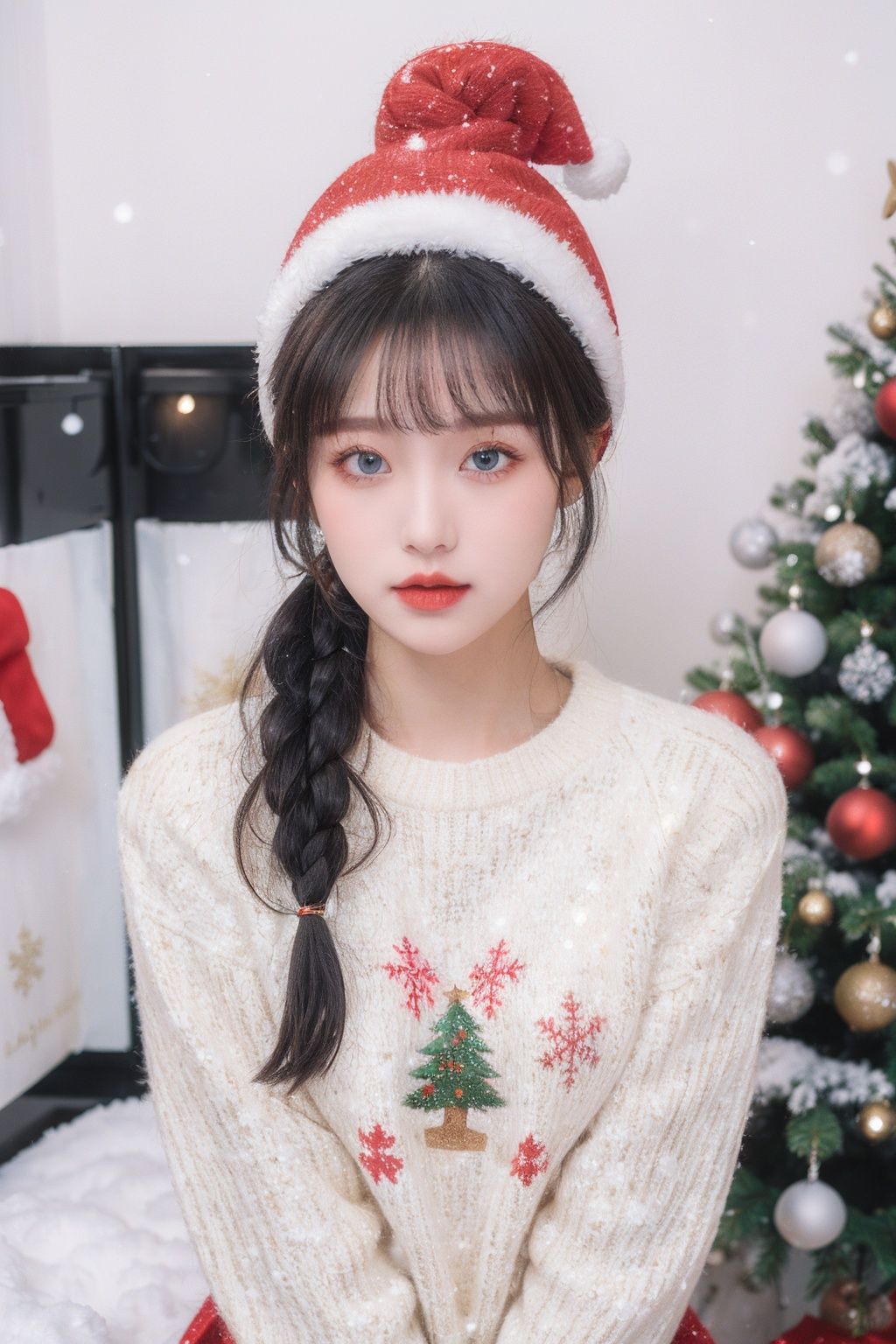 ((Best quality)), ((masterpiece)), 20 year old girl, (red and white striped sweater：1.5), (Christmas hat), Christmas tree, smooth skin, gift box ((side ponytail fried dough twisted braid), ((pale black hair)), bright curious blue eyes, (glitter), edge light, snowflake effect, light particles, contour light, snow