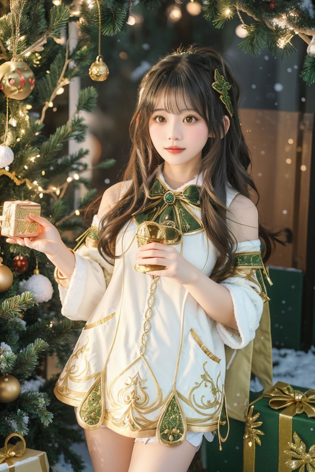  1girl, solo, photo, Snow, outside, Pine, box, christmas tree, merry christmas, holding gift, christmas lights, looking at viewer, bell, ornament, hair ornament, heart-shaped box, UHD, textured skin, high details, 16k, kamisato ayaka