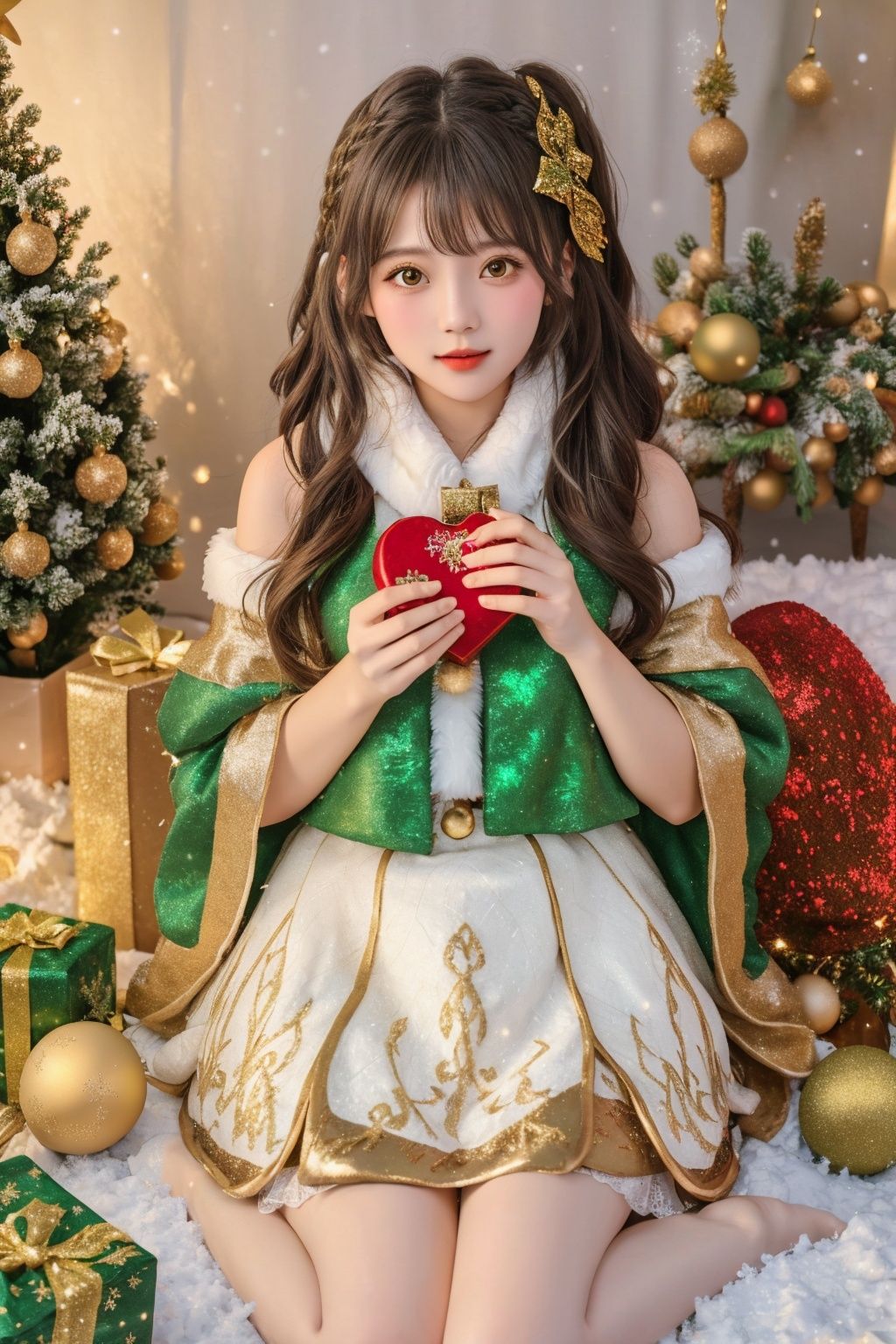  1girl, solo, photo, Snow, outside, Pine, box, christmas tree, merry christmas, holding gift, christmas lights, looking at viewer, bell, ornament, hair ornament, heart-shaped box, UHD, textured skin, high details, 16k