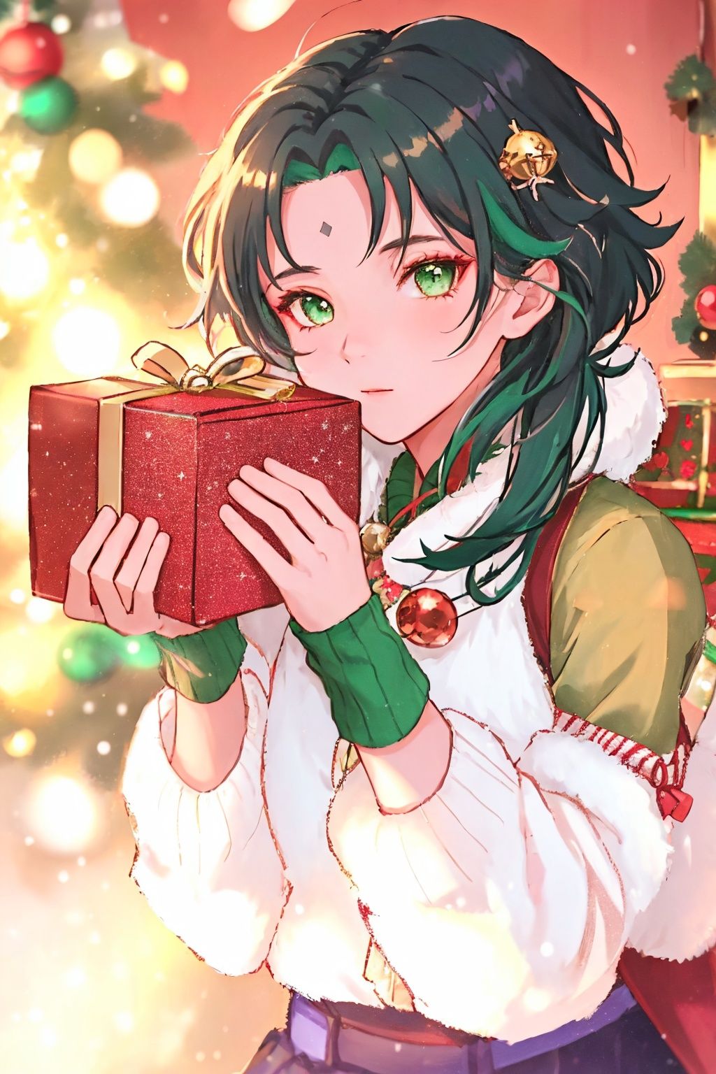  1girl, solo, photo, Snow, outside, Pine, box, christmas tree, merry christmas, holding gift, christmas lights, looking at viewer, bell, ornament, hair ornament, heart-shaped box, UHD, textured skin, high details, 16k, green eyes, qiqi (genshin impact), 1boy