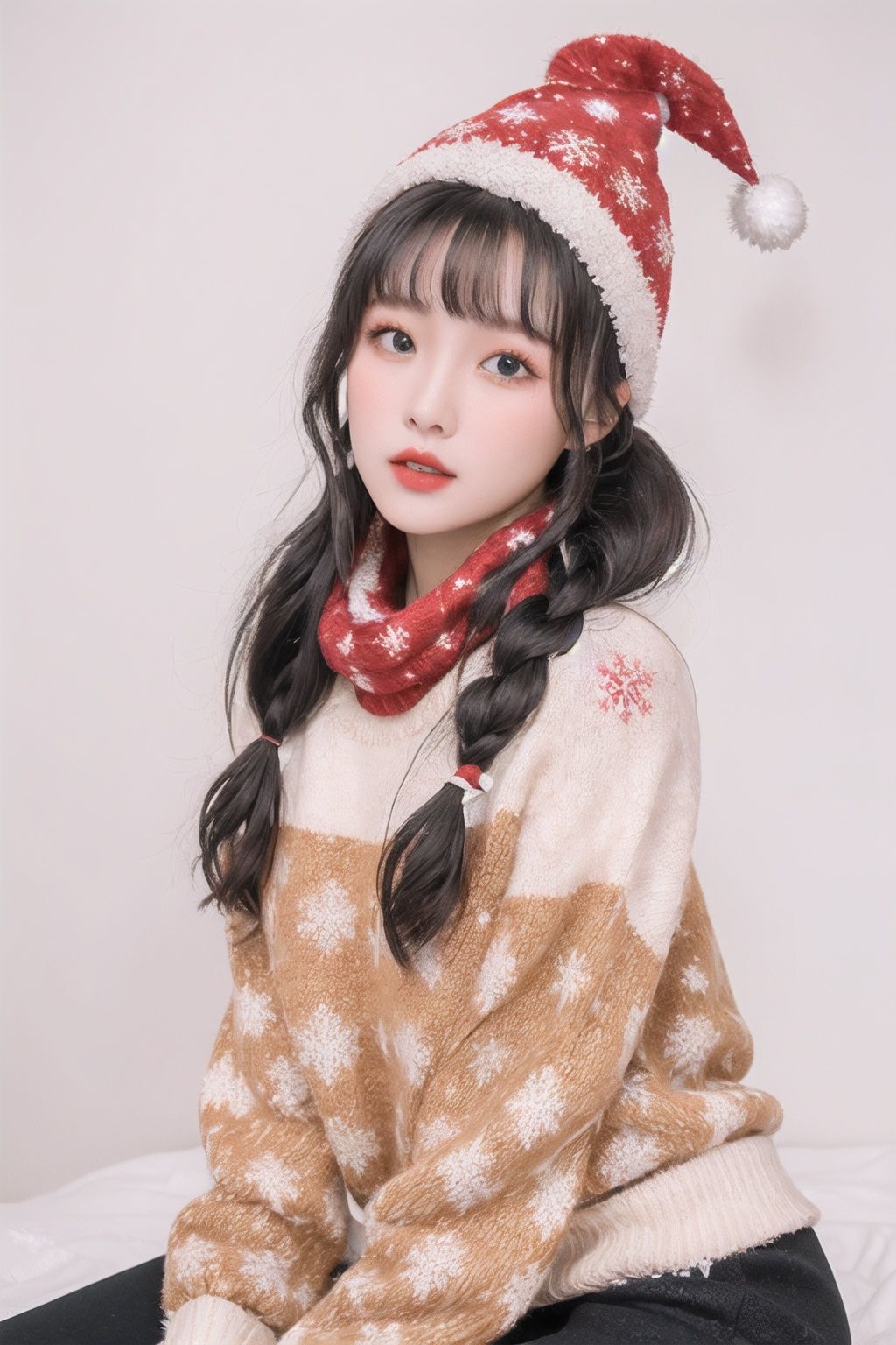  ((Best quality)), ((masterpiece)), 20 year old girl, (red and white striped sweater：1.5), (Christmas hat), Christmas tree, smooth skin, gift box ((side ponytail fried dough twisted braid), ((pale black hair)), bright curious blue eyes, (glitter), edge light, snowflake effect, light particles, contour light, snow