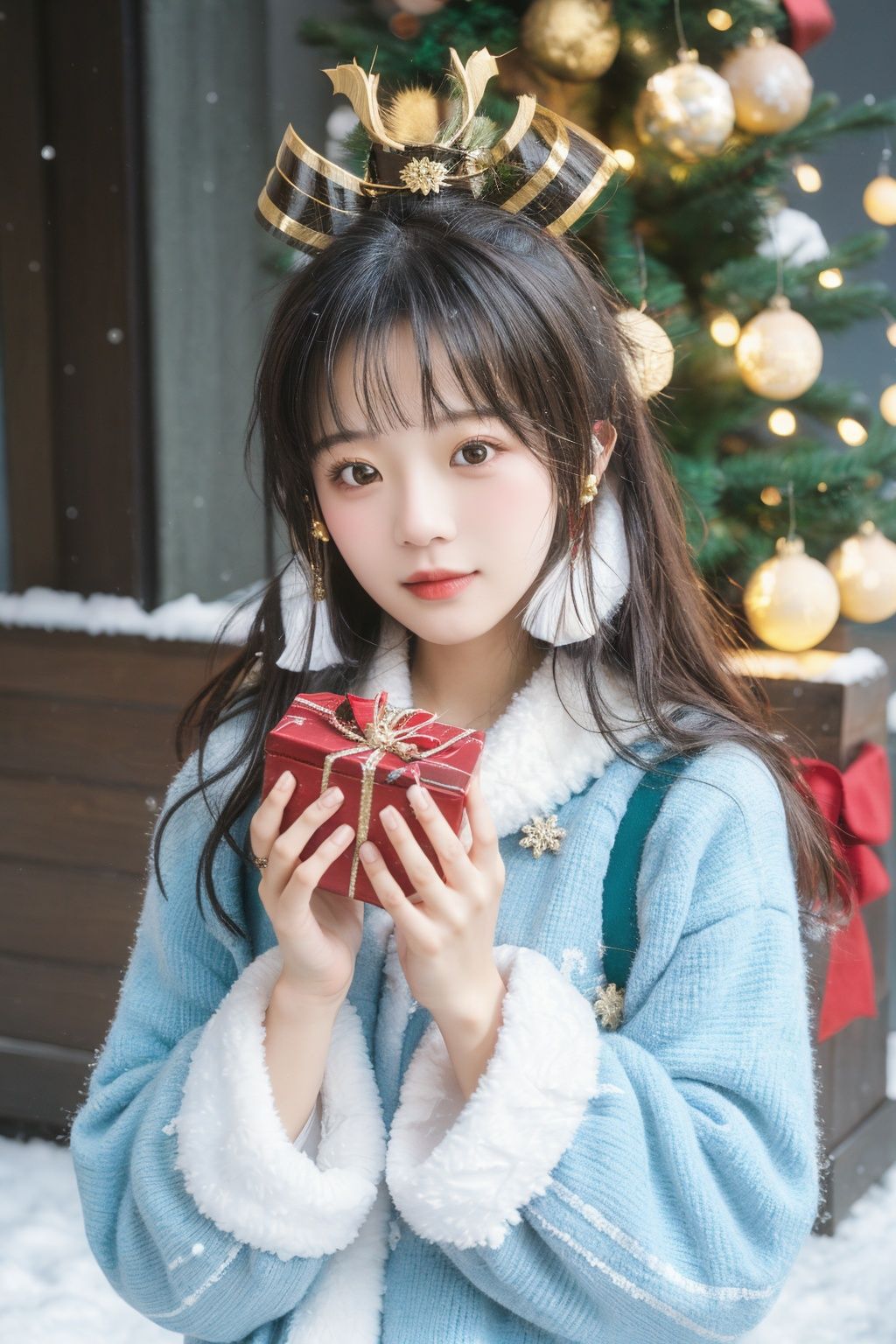  1girl, solo, photo, Snow, outside, Pine, box, christmas tree, merry christmas, holding gift, christmas lights, looking at viewer, bell, ornament, hair ornament, heart-shaped box, UHD, textured skin, high details, 16k, kamisato ayaka