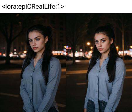 wide-shot of a beautiful woman standing in the city at night with dark hair with messy pony tail and dark blue eyes wearin...
