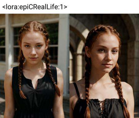 an eye contact of a young ginger with braids and dark dress,  flash photo,  sunlight on Tensor.Art