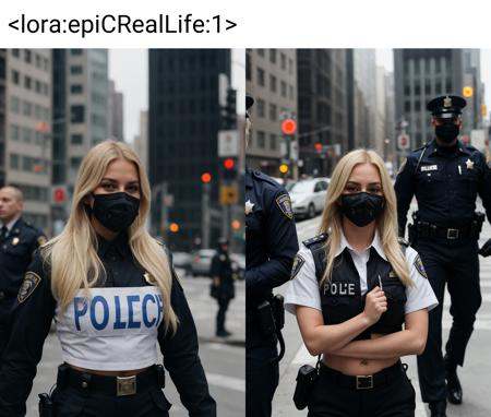 blond female police officer uniform and black facemask in new york streets on Tensor.Art