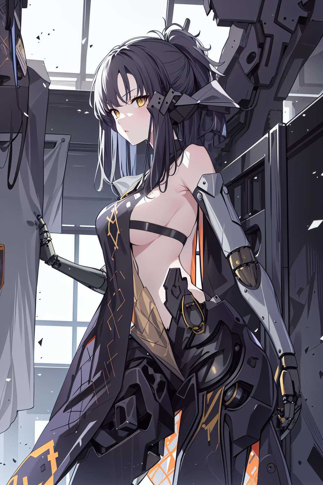 (origin:1.1), nitorization, 1girl,ponytail, yellow eyes, cowboy_shot, indoors, mechanical_arms, mechanical_legs, sideboob, from_below