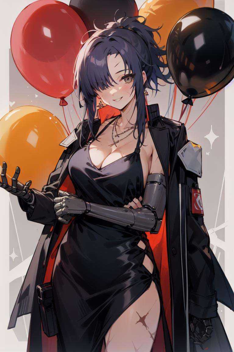 origin, 1girl, breasts, balloon, mechanical arms, dress, solo, jacket, food, single mechanical arm, black dress, cleavage, jewelry, necklace, smile, black jacket, holding, looking at viewer, scar on face, large breasts, jacket on shoulders, fruit, prosthetic arm <lora:char-angelia-000014:1>