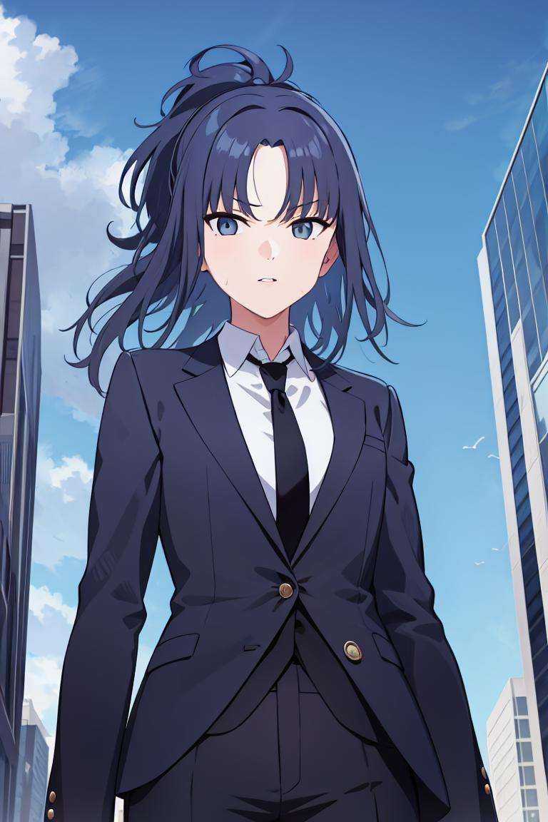 origin, 1girl, solo,black suit, necktie, looking at viewer, from below,  <lora:char-angelia-000012:1>