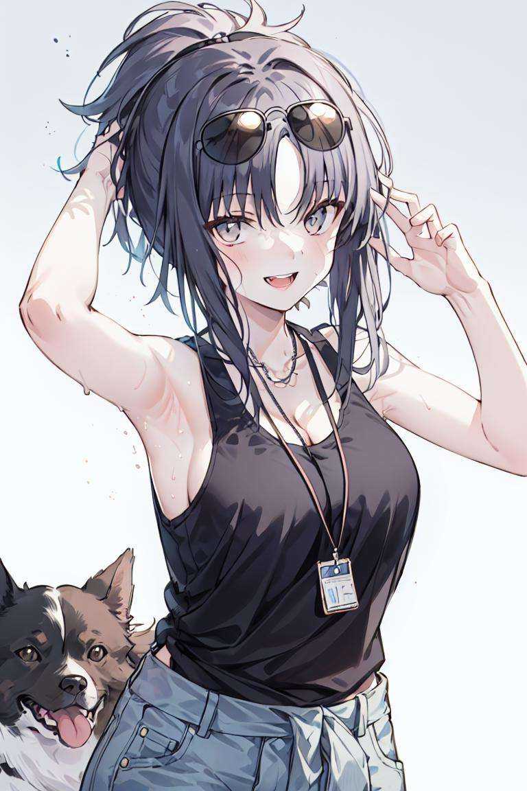 origin, 1girl, solo, breasts, sunglasses, dog tags, **** top, open mouth, looking at viewer, armpits, clothes around waist, smile, gradient background, collarbone, cleavage, gradient  <lora:char-angelia:1> 