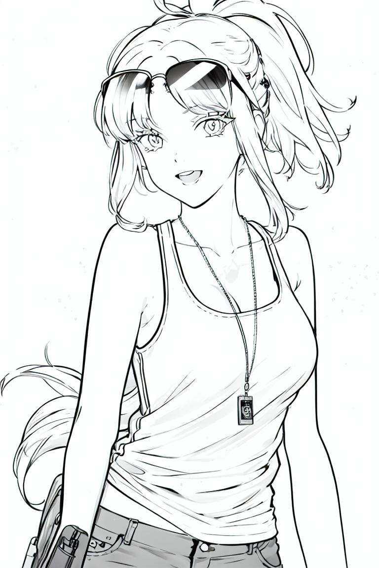 monochrome,lineart,origin, 1girl, solo, breasts, sunglasses, dog tags, **** top, open mouth, looking at viewer, armpits, clothes around waist, smile, gradient background, collarbone, cleavage, gradient <lora:char-angelia-000012:1> <lora:画风-线稿animeLineartStyle_v10Offset[monochrome,lineart]:1>