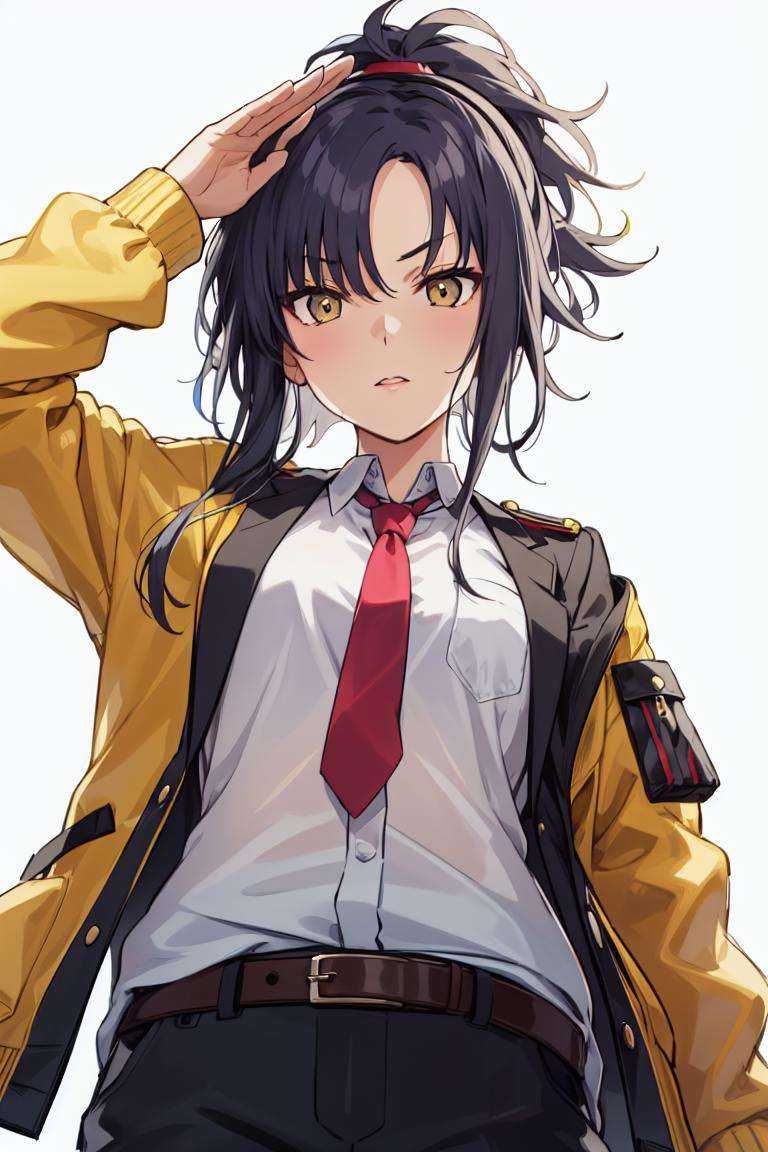 origin, 1girl, solo,yellow bomber jacket, necktie,salute,looking at viewer, from below,white background,   <lora:char-angelia-000012:1>