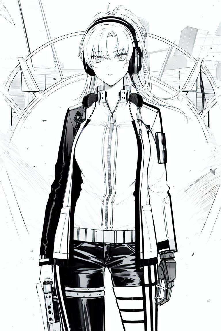 monochrome,lineart,origin, 1girl, solo, single mechanical arm, prosthesis, pants, cowboy shot, headphones, large breasts, prosthetic arm,  jacket   <lora:char-angelia-000012:1> <lora:画风-线稿animeLineartStyle_v10Offset[monochrome,lineart]:1>