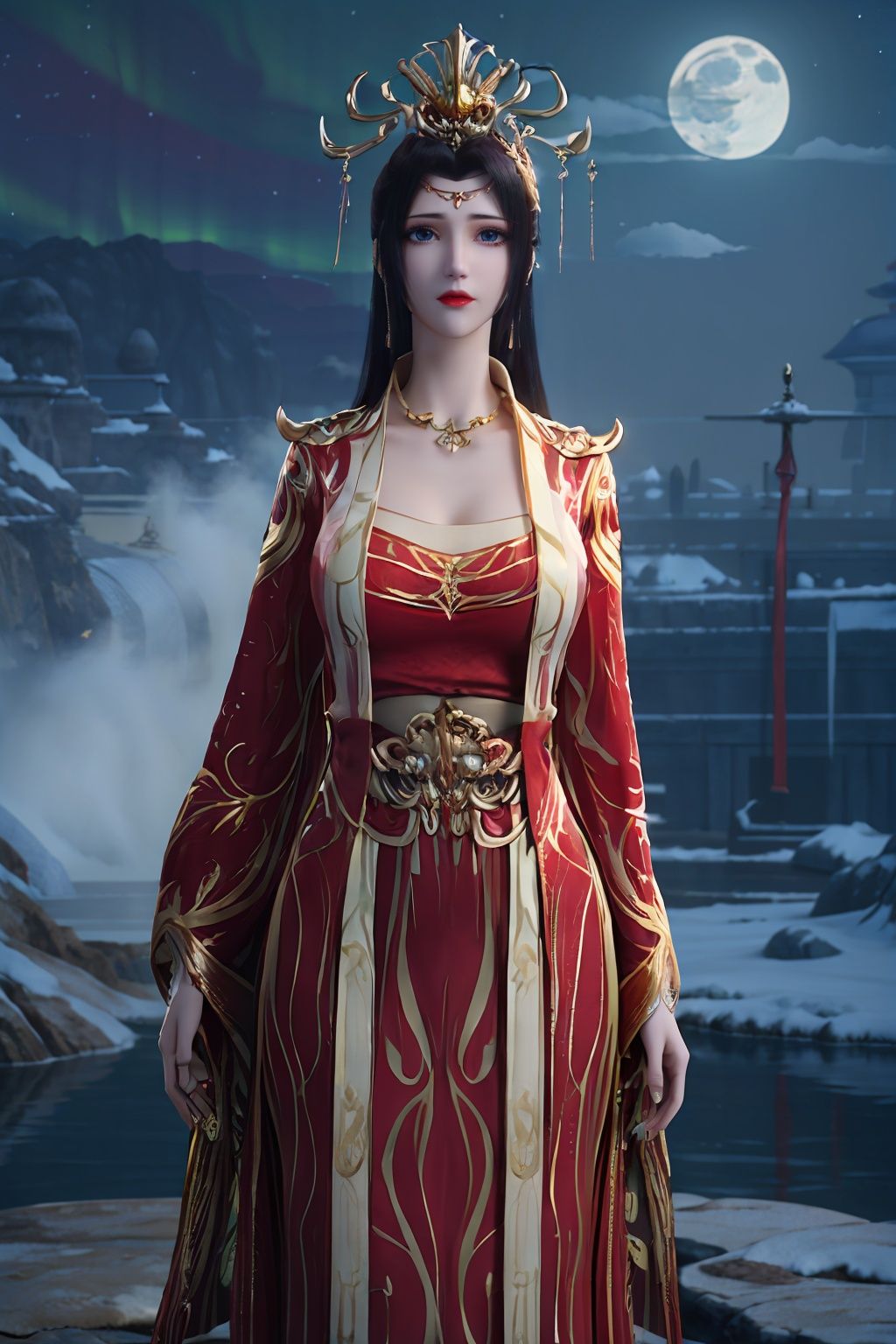 masterpiece, best quality, silk stockings, huge breasts, narrow waist, delicate face, put on makeup, (clouds, starry sky, aurora, moon:1.3), white skin, (sapphire like eyes:1.2), sapphire, (wild, water, forest), gold, diamond, waterfall landscape background, (red tang dynasty clothing, red wedding dress, gold jewelry), high heels, <lora:《斗破苍穹》云韵（婚衣）_v1.0:0.75>, 