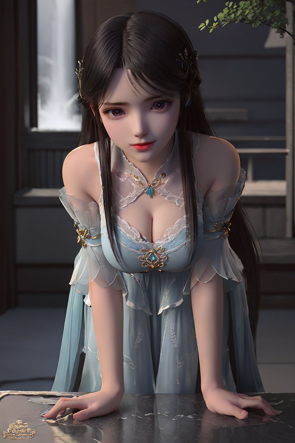 masterpiece, best quality, official art, extremely detailed CG unity 8k wallpaper, 1girl, face, light rays, light particles, waterfall, fruit tree, <lora:萧熏儿_斜刘海:0.7>, (supergiant breasts:1.4), (deep cleavage of breast:1.2), 