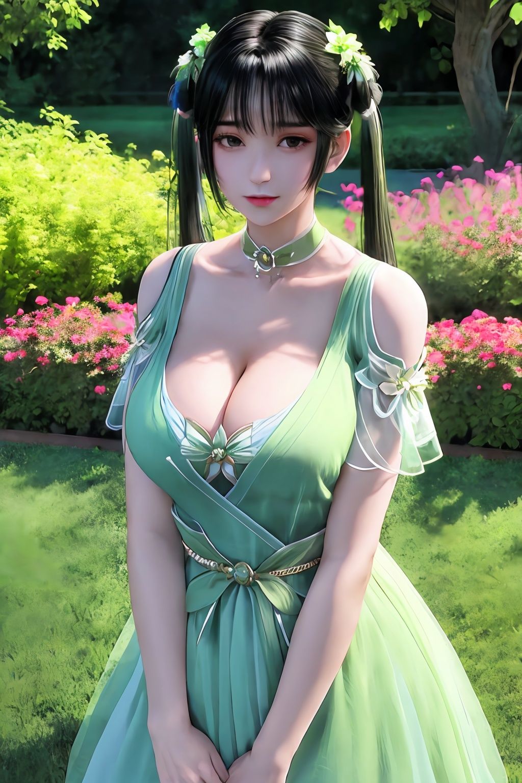1girl, night, looking at viewer, hair ornament, twintails, white green dress, collar, clothing cutout, jewelry, shirt, trim, belt, shoulder cutout, choker, black hair, aged down, obi, <lora:诛仙_碧瑶_Jade Dynasty_Bi Yao_v1.0:0.75>, garden background, (deep cleavage of breast:1.2), 