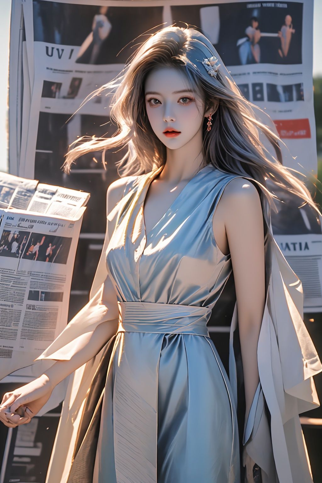  cowboy shot,front view,masterpiece,realistic,1girl,ultra detailed,8k,dream like shot,cinematic,dynamic pose,summer jewelry, newspaper