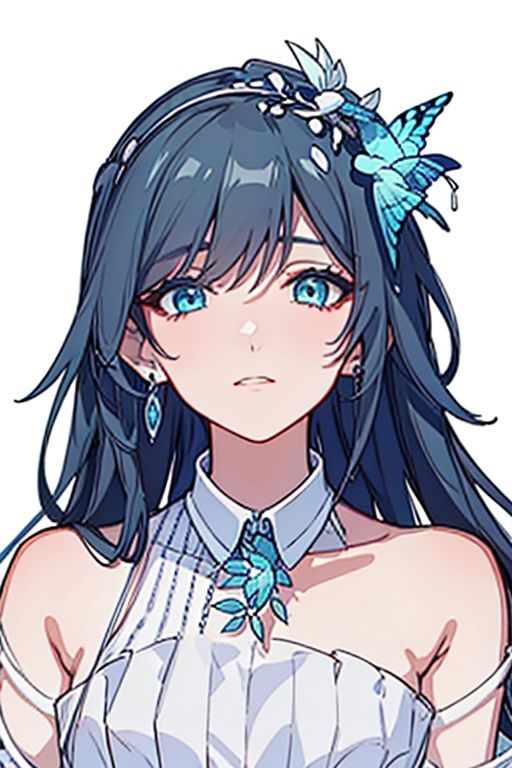 (masterpiece:1.3),(the best quality:1.2),(super fine illustrations:1.2),(Masterpiece),high quality,high detail,(white background:1.2),looking at viewer,(SOLO:1.4),outline,simple background,<lora:符华-青鸟:0.8>, long hair,blue butterfly,armpits,striped,dress,collarbone,bare shoulders,off shoulder,hydrangea,skirt hold,feathers,single thighhigh,white footwear,flower,butterfly hair ornament,wedding dress,white dress,white legwear,hair ornament,very long hair,blue eyes,earrings,jewelry,holding umbrella,