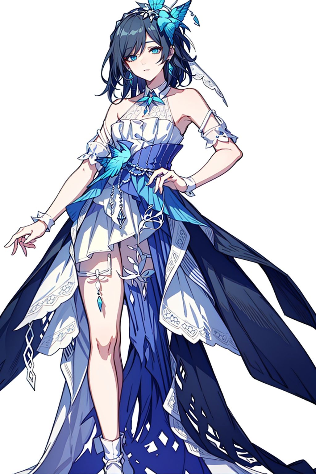 (masterpiece:1.3),(the best quality:1.2),(super fine illustrations:1.2),(Masterpiece),high quality,high detail,(white background:1.2),looking at viewer,(SOLO:1.4),outline,simplebackground,, long hair,blue butterfly,armpits,striped,dress,collarbone,bare shoulders,off shoulder,hydrangea,skirt hold,feathers,single thighhigh,white footwear,flower,butterfly hair ornament,wedding dress,white dress,white legwear,hair ornament,very long hair,blue eyes,earrings,jewelry,holding umbrella,