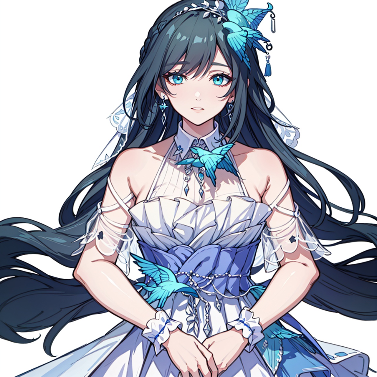  (masterpiece:1.3),(the best quality:1.2),(super fine illustrations:1.2),(Masterpiece),high quality,high detail,(white background:1.2),looking at viewer,(SOLO:1.4),outline,simplebackground,, long hair,blue butterfly,armpits,striped,dress,collarbone,bare shoulders,off shoulder,hydrangea,skirt hold,feathers,single thighhigh,white footwear,flower,butterfly hair ornament,wedding dress,white dress,white legwear,hair ornament,very long hair,blue eyes,earrings,jewelry,holding umbrella,