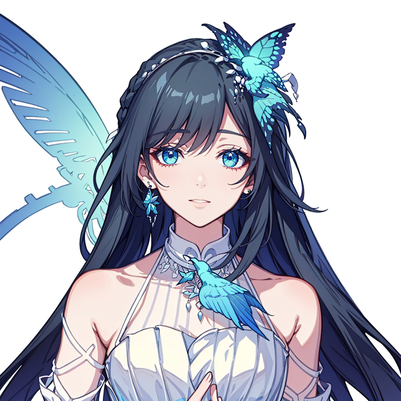  (masterpiece:1.3),(the best quality:1.2),(super fine illustrations:1.2),(Masterpiece),high quality,high detail,(white background:1.2),looking at viewer,(SOLO:1.4),outline,simplebackground,, long hair,blue butterfly,armpits,striped,dress,collarbone,bare shoulders,off shoulder,hydrangea,skirt hold,feathers,single thighhigh,white footwear,flower,butterfly hair ornament,wedding dress,white dress,white legwear,hair ornament,very long hair,blue eyes,earrings,jewelry,holding umbrella,