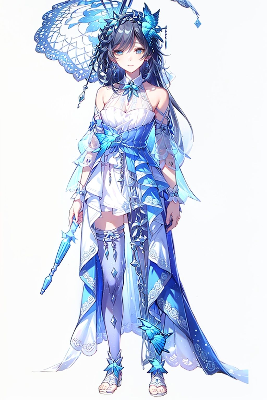 (masterpiece:1.3),(the best quality:1.2),(super fine illustrations:1.2),(Masterpiece),high quality,high detail,(white background:1.2),looking at viewer,(SOLO:1.4),outline,simplebackground,, long hair,blue butterfly,armpits,striped,dress,collarbone,bare shoulders,off shoulder,hydrangea,skirt hold,feathers,single thighhigh,white footwear,flower,butterfly hair ornament,wedding dress,white dress,white legwear,hair ornament,very long hair,blue eyes,earrings,jewelry,holding umbrella,