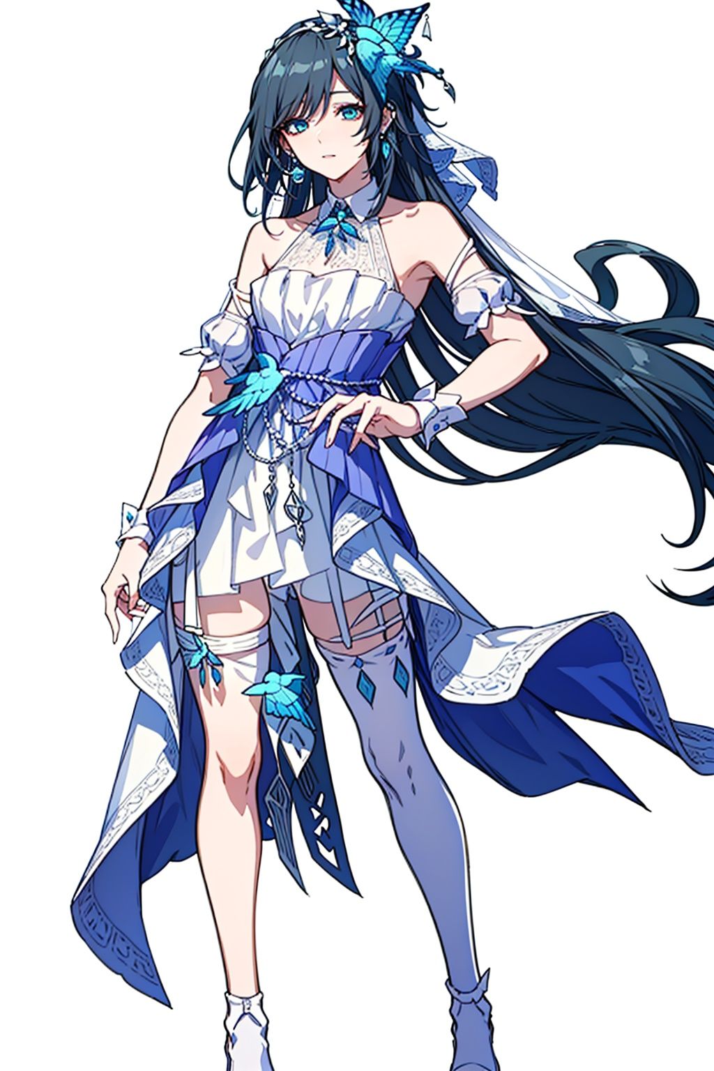 (masterpiece:1.3),(the best quality:1.2),(super fine illustrations:1.2),(Masterpiece),high quality,high detail,(white background:1.2),looking at viewer,(SOLO:1.4),outline,simplebackground,, long hair,blue butterfly,armpits,striped,dress,collarbone,bare shoulders,off shoulder,hydrangea,skirt hold,feathers,single thighhigh,white footwear,flower,butterfly hair ornament,wedding dress,white dress,white legwear,hair ornament,very long hair,blue eyes,earrings,jewelry,holding umbrella,
