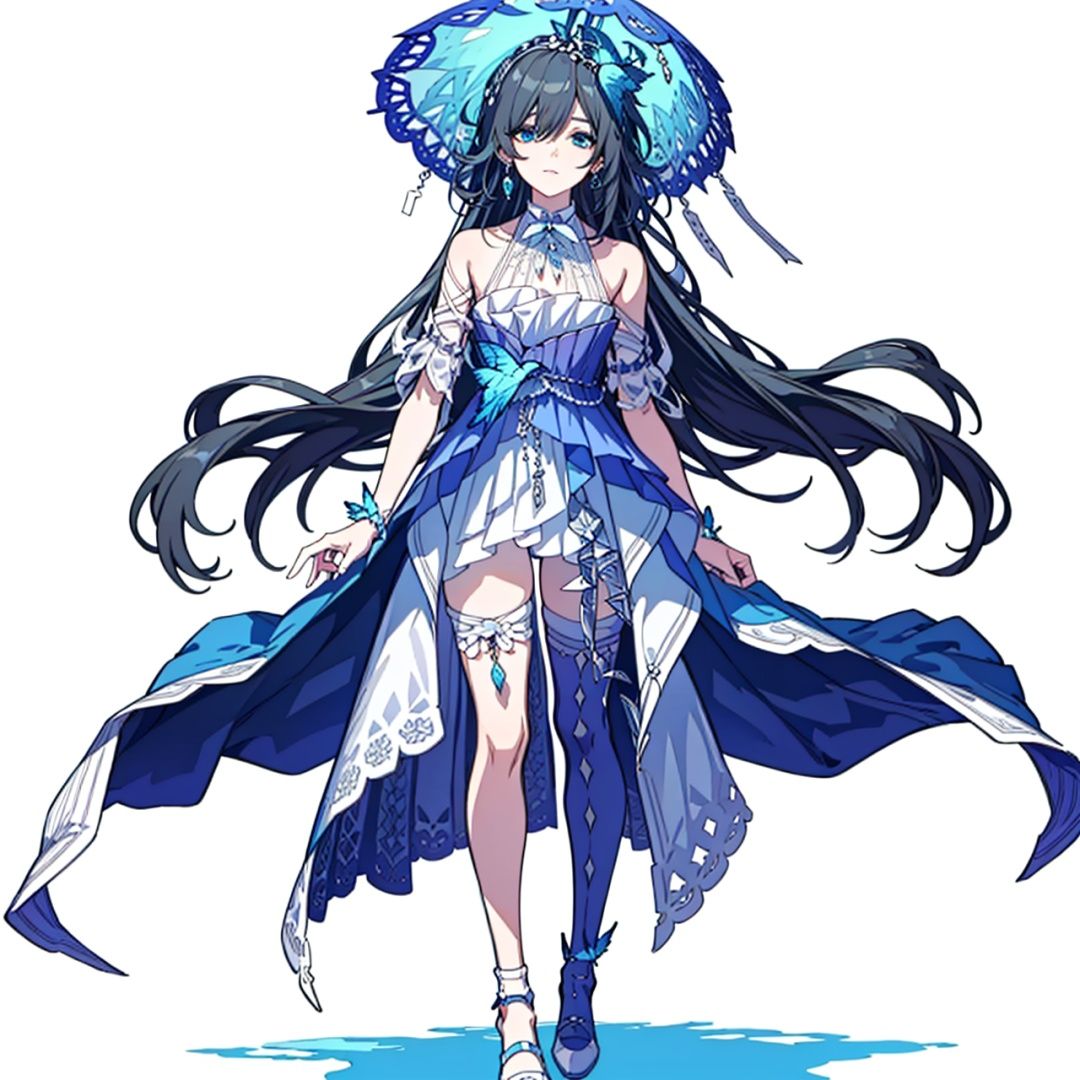 (masterpiece:1.3),(the best quality:1.2),(super fine illustrations:1.2),(Masterpiece),high quality,high detail,(white background:1.2),looking at viewer,(SOLO:1.4),outline,simplebackground,, long hair,blue butterfly,armpits,striped,dress,collarbone,bare shoulders,off shoulder,hydrangea,skirt hold,feathers,single thighhigh,white footwear,flower,butterfly hair ornament,wedding dress,white dress,white legwear,hair ornament,very long hair,blue eyes,earrings,jewelry,holding umbrella,