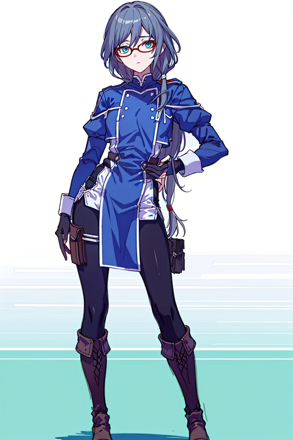 (masterpiece:1.3),(the best quality:1.2),(super fine illustrations:1.2),(Masterpiece),high quality,high detail,(white background:1.2),looking at viewer,(SOLO:1.4),outline,simplebackground,, hair ornament,puffy sleeves,low-tied long hair,low ponytail,belt,bangs,blue jacket,brown footwear,black legwear,boots,grey hair,long hair,long sleeves,hair between eyes,red-framed eyewear,fu hua,blue eyes,