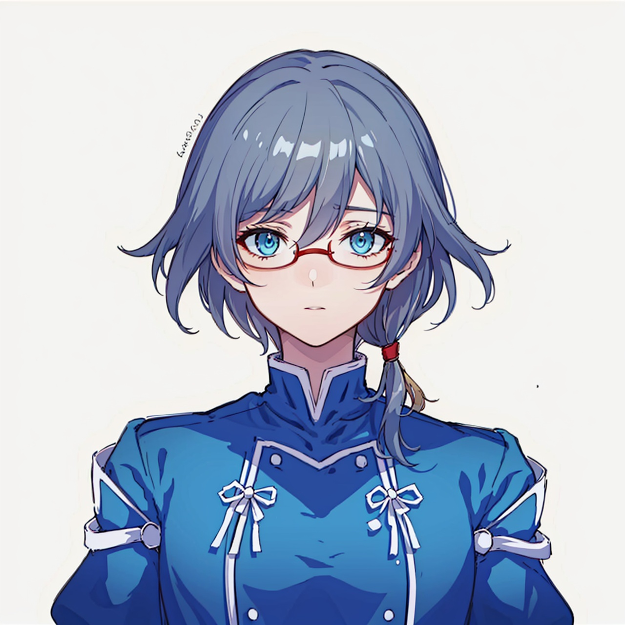  (masterpiece:1.3),(the best quality:1.2),(super fine illustrations:1.2),(Masterpiece),high quality,high detail,(white background:1.2),looking at viewer,(SOLO:1.4),outline,simplebackground,, hair ornament,puffy sleeves,low-tied long hair,low ponytail,belt,bangs,blue jacket,brown footwear,black legwear,boots,grey hair,long hair,long sleeves,hair between eyes,red-framed eyewear,fu hua,blue eyes,
