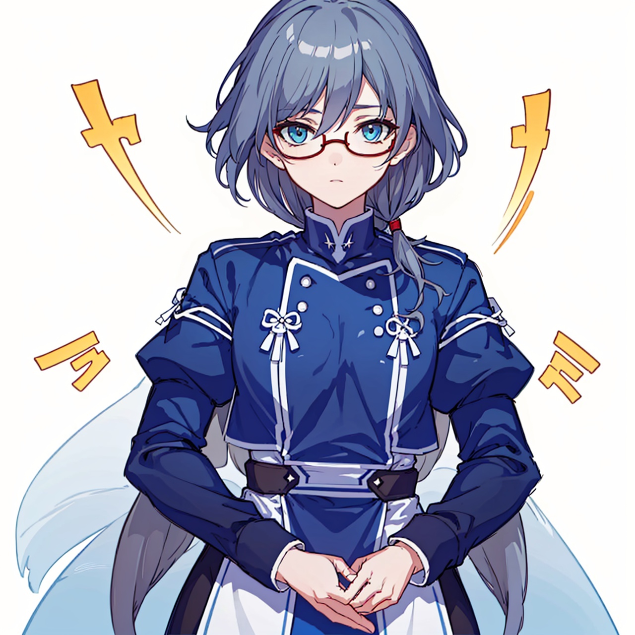  (masterpiece:1.3),(the best quality:1.2),(super fine illustrations:1.2),(Masterpiece),high quality,high detail,(white background:1.2),looking at viewer,(SOLO:1.4),outline,simplebackground,, hair ornament,puffy sleeves,low-tied long hair,low ponytail,belt,bangs,blue jacket,brown footwear,black legwear,boots,grey hair,long hair,long sleeves,hair between eyes,red-framed eyewear,fu hua,blue eyes,
