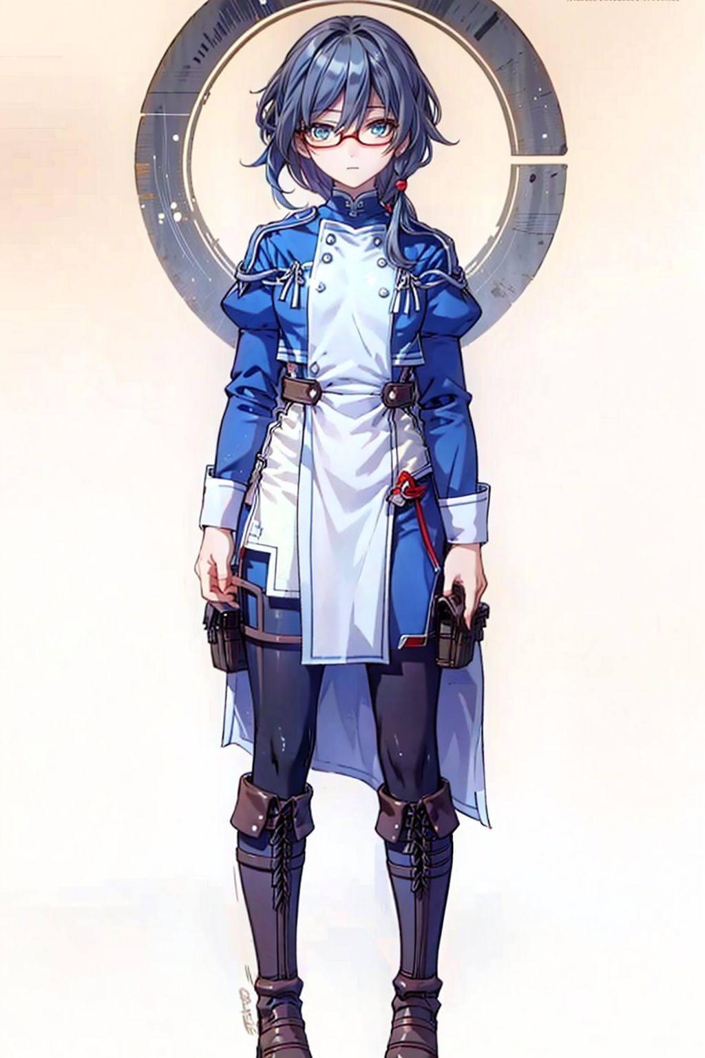 (masterpiece:1.3),(the best quality:1.2),(super fine illustrations:1.2),(Masterpiece),high quality,high detail,(white background:1.2),looking at viewer,(SOLO:1.4),outline,simplebackground,, hair ornament,puffy sleeves,low-tied long hair,low ponytail,belt,bangs,blue jacket,brown footwear,black legwear,boots,grey hair,long hair,long sleeves,hair between eyes,red-framed eyewear,fu hua,blue eyes,