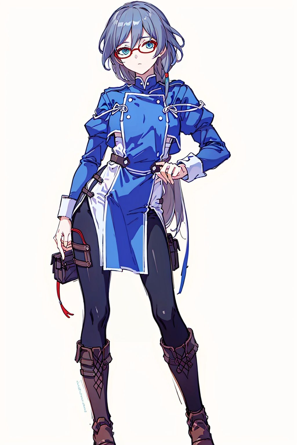 (masterpiece:1.3),(the best quality:1.2),(super fine illustrations:1.2),(Masterpiece),high quality,high detail,(white background:1.2),looking at viewer,(SOLO:1.4),outline,simplebackground,, hair ornament,puffy sleeves,low-tied long hair,low ponytail,belt,bangs,blue jacket,brown footwear,black legwear,boots,grey hair,long hair,long sleeves,hair between eyes,red-framed eyewear,fu hua,blue eyes,