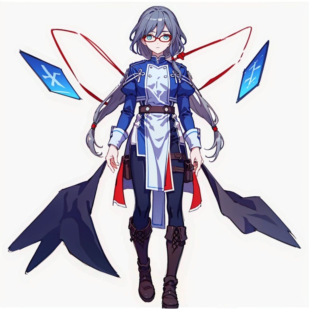 (masterpiece:1.3),(the best quality:1.2),(super fine illustrations:1.2),(Masterpiece),high quality,high detail,(white background:1.2),looking at viewer,(SOLO:1.4),outline,simplebackground,, hair ornament,puffy sleeves,low-tied long hair,low ponytail,belt,bangs,blue jacket,brown footwear,black legwear,boots,grey hair,long hair,long sleeves,hair between eyes,red-framed eyewear,fu hua,blue eyes,