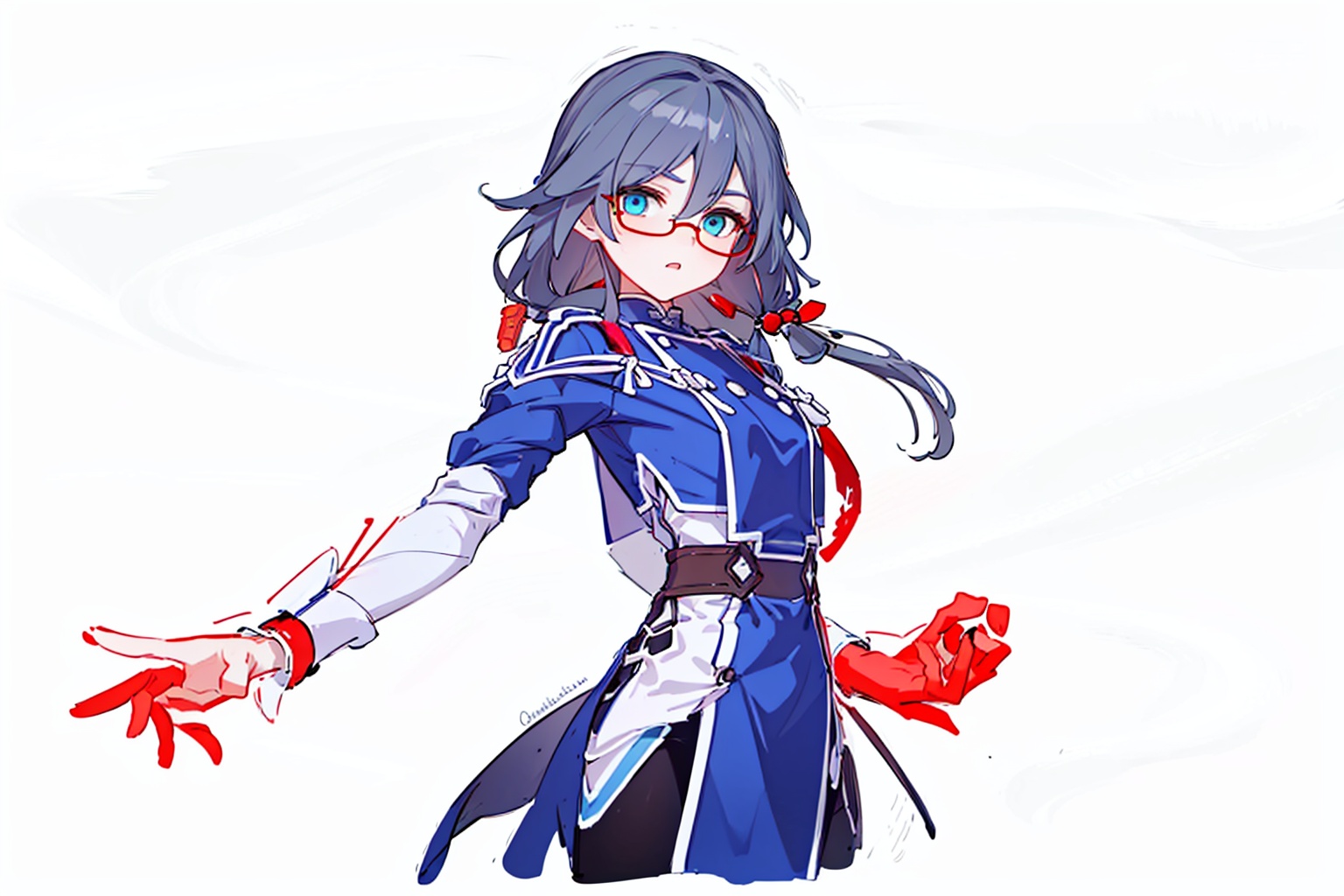  (masterpiece:1.3), (the best quality:1.2), (super fine illustrations:1.2), (Masterpiece), high quality, high detail,(white background:1.2), looking at viewer, (SOLO:1.4),outline,,simple background,hair ornament,puffy sleeves,low-tied long hair,low ponytail,belt,bangs,blue jacket,brown footwear,black legwear,boots,grey hair,long hair,long sleeves,hair between eyes,red-framed eyewear,fu hua,blue eyes, hand101