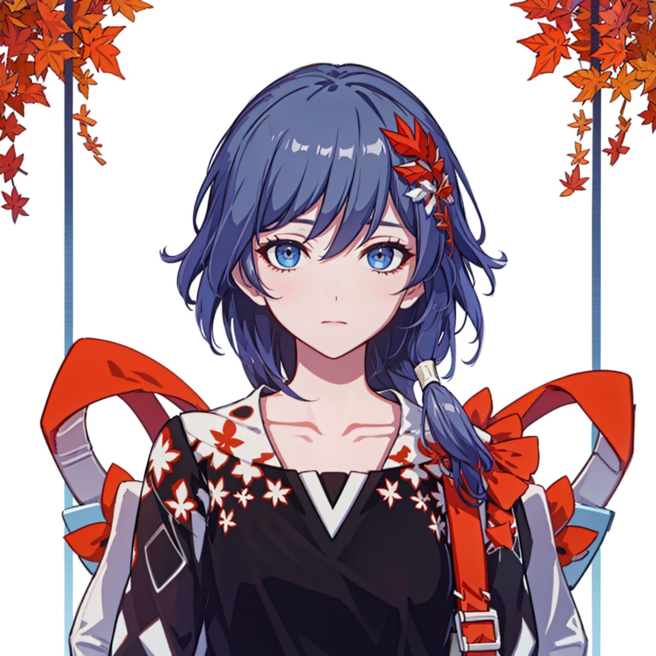  (masterpiece:1.3),(the best quality:1.2),(super fine illustrations:1.2),(Masterpiece),high quality,high detail,(white background:1.2),looking at viewer,(SOLO:1.4),outline,simplebackground,, autumn leaves,bag,bird puppet,backpack,short sleeves,thigh strap,hair between eyes,leaf print,leaf hair ornament,hair flower,suspenders,wristband,braid,print shirt,collarbone,floral print,low ponytail,maple leaf,bracelet,belt,sandals,shirt,wristwatch,hair ornament,