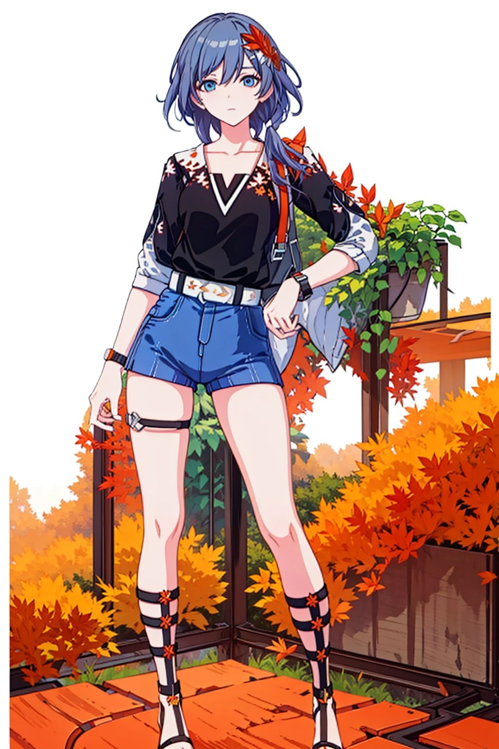 (masterpiece:1.3),(the best quality:1.2),(super fine illustrations:1.2),(Masterpiece),high quality,high detail,(white background:1.2),looking at viewer,(SOLO:1.4),outline,simplebackground,, autumn leaves,bag,bird puppet,backpack,short sleeves,thigh strap,hair between eyes,leaf print,leaf hair ornament,hair flower,suspenders,wristband,braid,print shirt,collarbone,floral print,low ponytail,maple leaf,bracelet,belt,sandals,shirt,wristwatch,hair ornament,