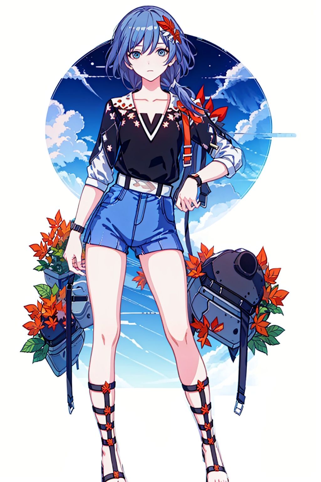 (masterpiece:1.3),(the best quality:1.2),(super fine illustrations:1.2),(Masterpiece),high quality,high detail,(white background:1.2),looking at viewer,(SOLO:1.4),outline,simplebackground,, autumn leaves,bag,bird puppet,backpack,short sleeves,thigh strap,hair between eyes,leaf print,leaf hair ornament,hair flower,suspenders,wristband,braid,print shirt,collarbone,floral print,low ponytail,maple leaf,bracelet,belt,sandals,shirt,wristwatch,hair ornament,
