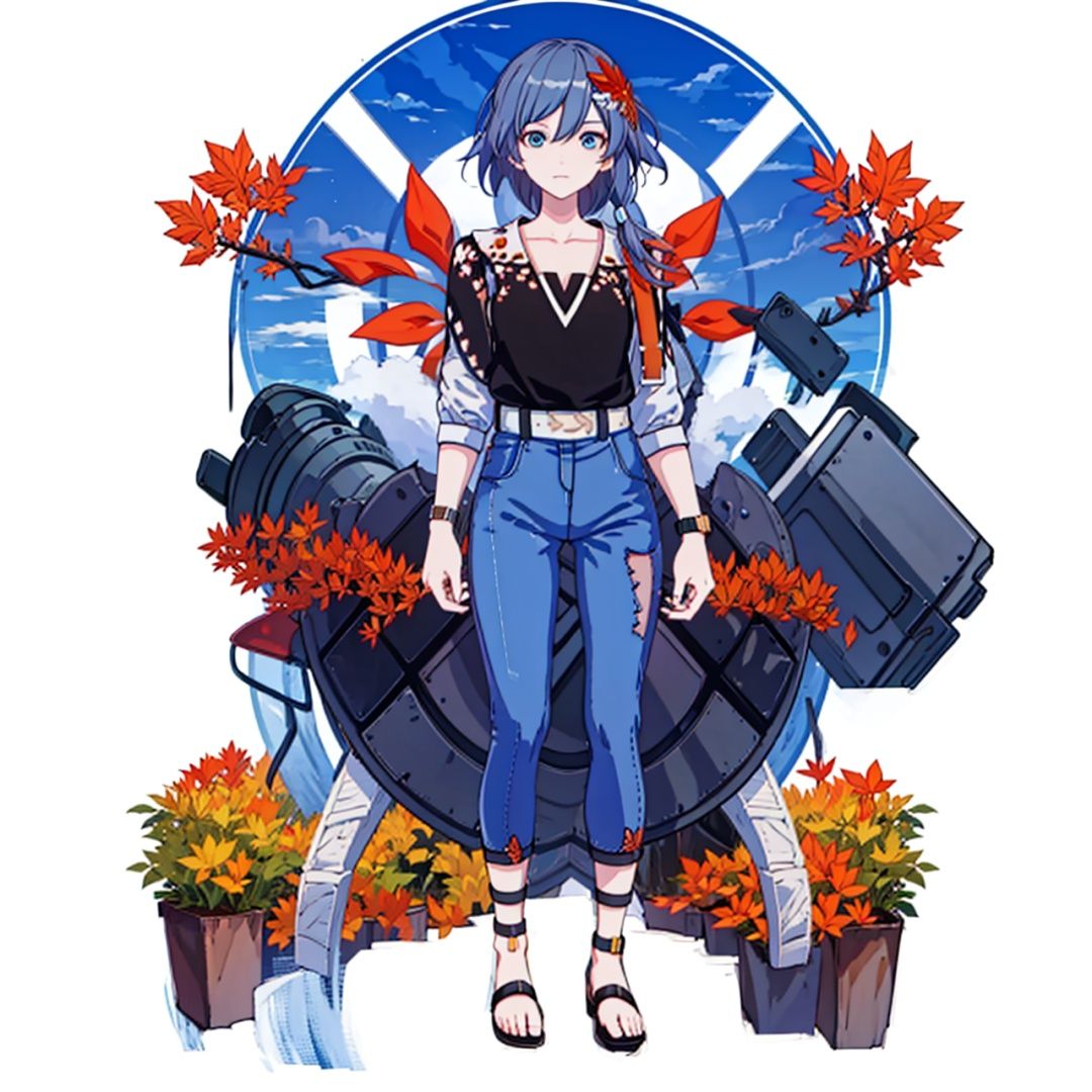 (masterpiece:1.3),(the best quality:1.2),(super fine illustrations:1.2),(Masterpiece),high quality,high detail,(white background:1.2),looking at viewer,(SOLO:1.4),outline,simplebackground,, autumn leaves,bag,bird puppet,backpack,short sleeves,thigh strap,hair between eyes,leaf print,leaf hair ornament,hair flower,suspenders,wristband,braid,print shirt,collarbone,floral print,low ponytail,maple leaf,bracelet,belt,sandals,shirt,wristwatch,hair ornament,