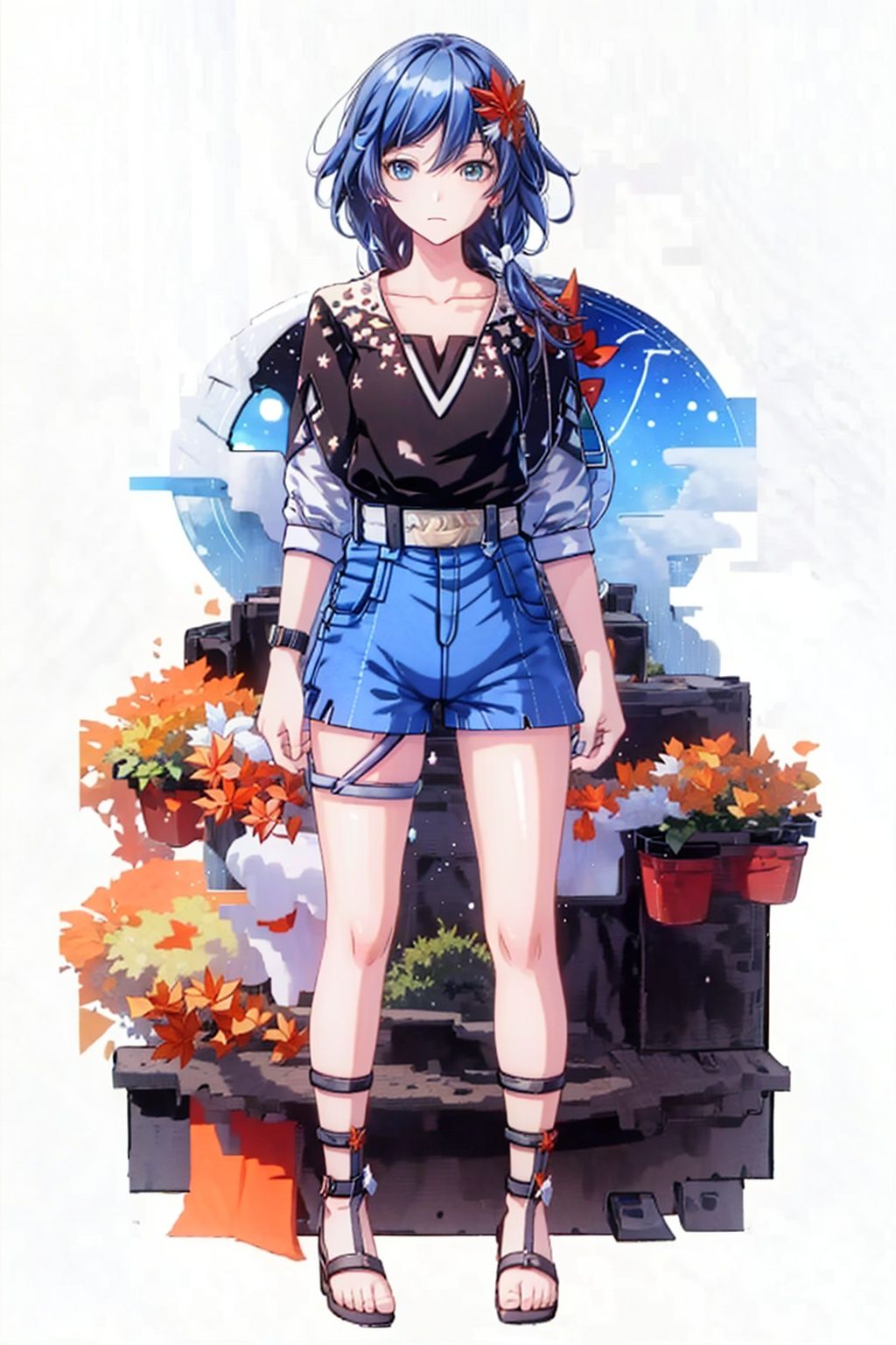 (masterpiece:1.3),(the best quality:1.2),(super fine illustrations:1.2),(Masterpiece),high quality,high detail,(white background:1.2),looking at viewer,(SOLO:1.4),outline,simplebackground,, autumn leaves,bag,bird puppet,backpack,short sleeves,thigh strap,hair between eyes,leaf print,leaf hair ornament,hair flower,suspenders,wristband,braid,print shirt,collarbone,floral print,low ponytail,maple leaf,bracelet,belt,sandals,shirt,wristwatch,hair ornament,