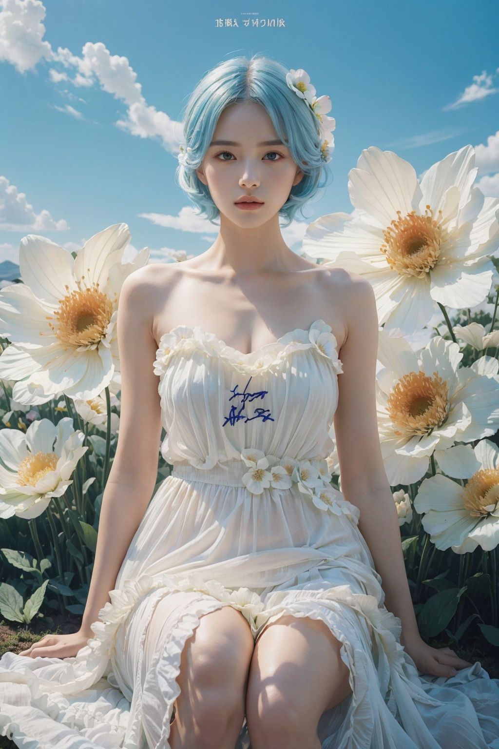 best quality, masterpiece, illustration,(reflection light),incredibly absurdres,(Movie Poster),(signature:1.3),(English text:1.3), 
1girl, girl middle of flower,pure skyblue hair, red eyes,clear sky, outside,collarbone, 
sitting, absurdly long hair, clear boundaries of the cloth, white dress, fantastic scenery, 
ground of flowers, thousand of flowers, colorful flowers, flowers around her, various flowers