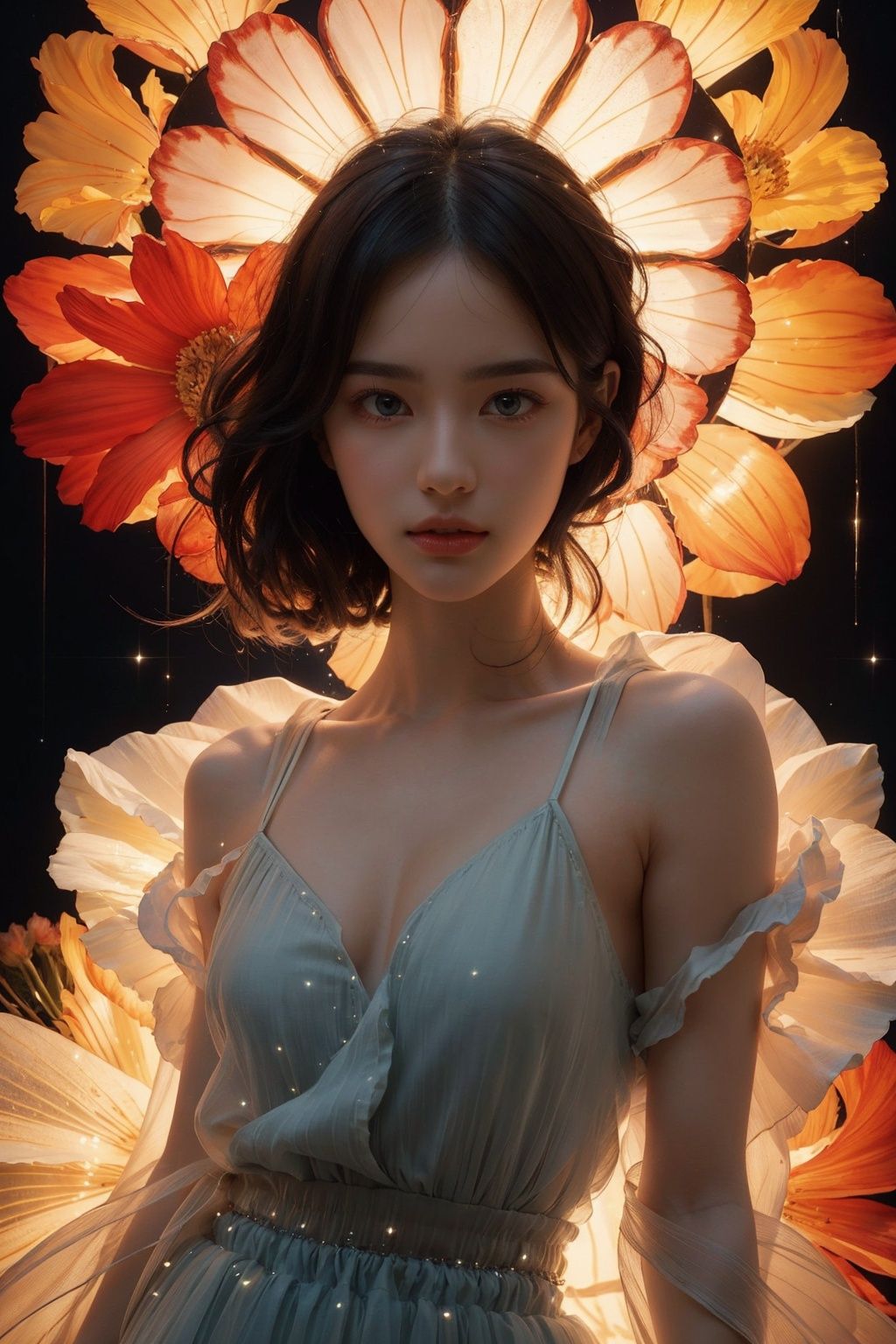  Soft light, （Upper body close-up：1.2）, Magazine cover,masterpiece, 1 girl, luminous skirt, luminous skirt, white background, standing in front of french window, blue and orange lights, clear details, floating hair, delicate facial features, extremely beautiful face, Flowers, best quality, sparkling dress