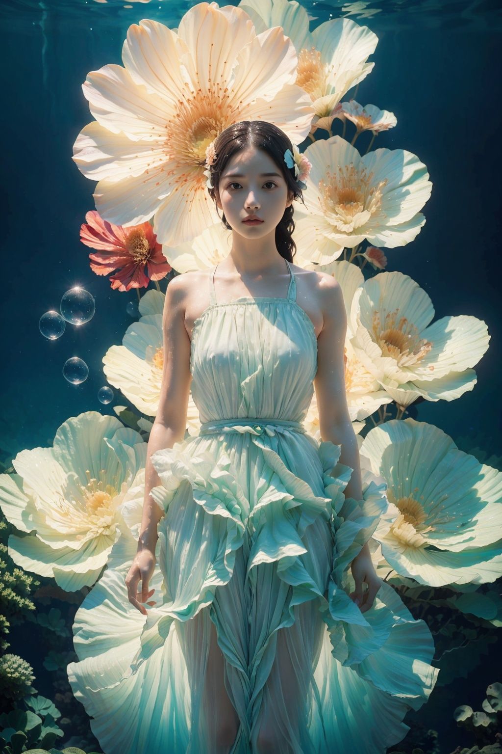  A woman with long hair submerged in water with a flower in her hair with bubbles on a blue background, 1 girl, bubbles, moon, solo, tree, water