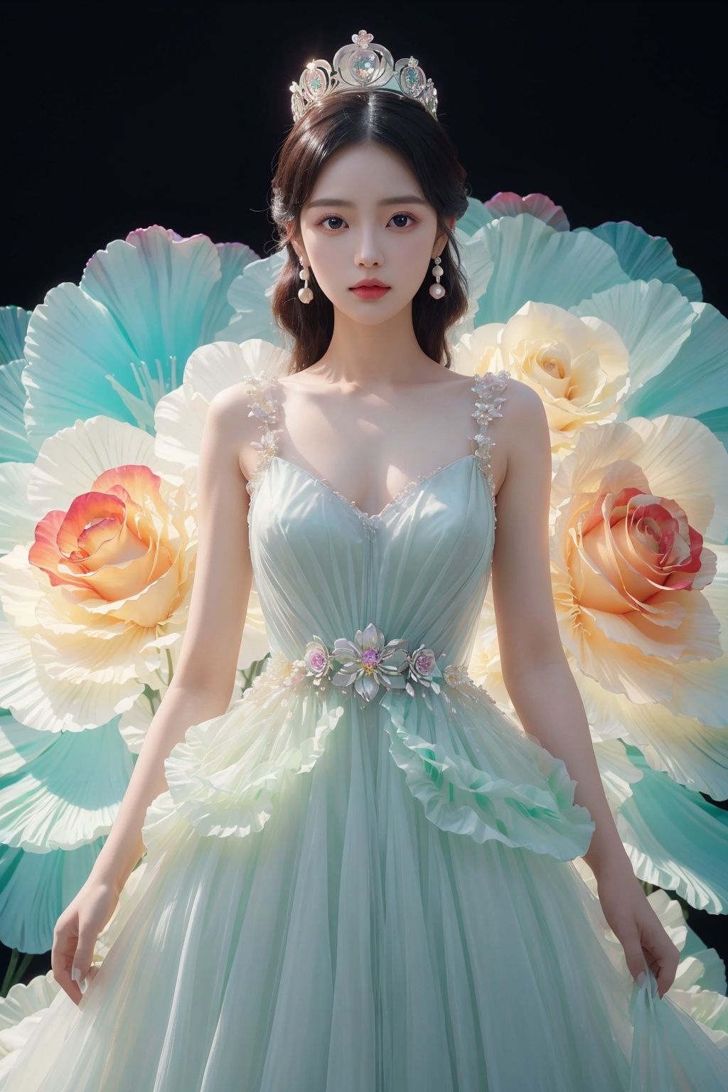  masterpiece, Roses, Roses, Gem, Luminescence, Pearl, Agate, Emerald, Jade stone, princess, Crown, Huge flowers, Flower, Flowers, Flowers, Flowers, Black dress, Medium chest, Lovely, Big eyes, anatomically correct, high details, best quality, HD, 16k, sparkling dress